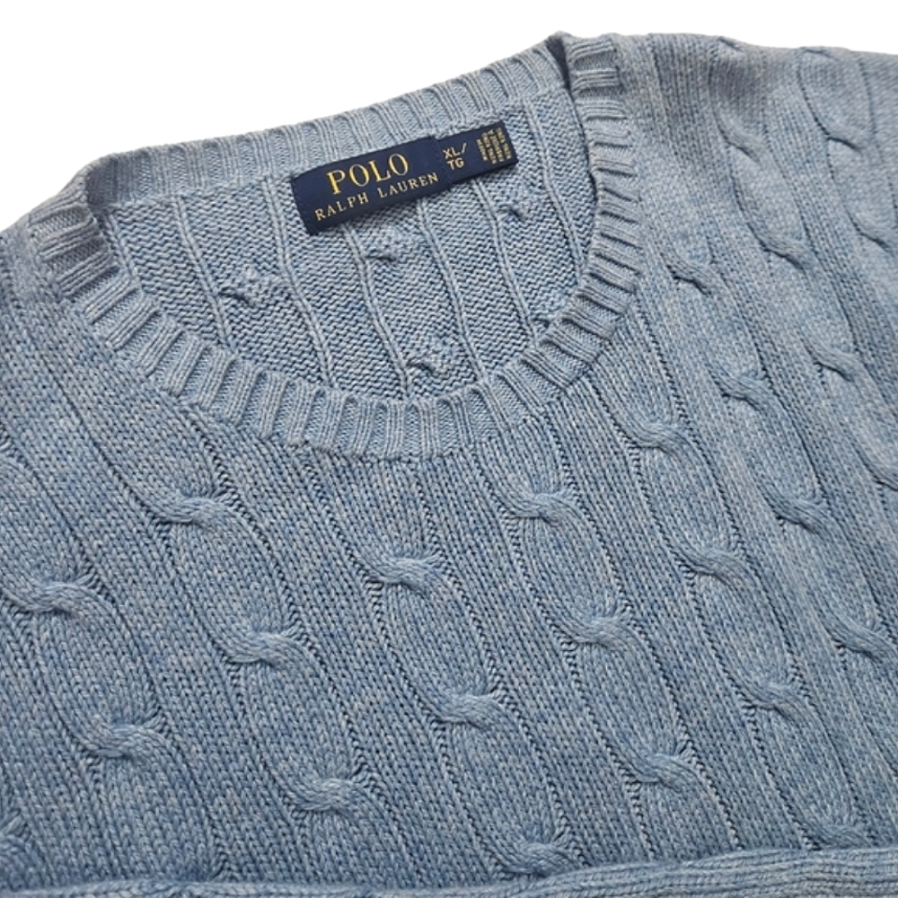 Polo | 100% Silk Tussah | Logo Embroidered Cable-Knit Sweater | Men's | Blue - Picture 5 of 9